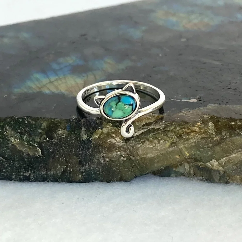 Sterling Silver 925 Turquoise Cabochon Kitty Cat Bypass Style Band Ring Sz 6